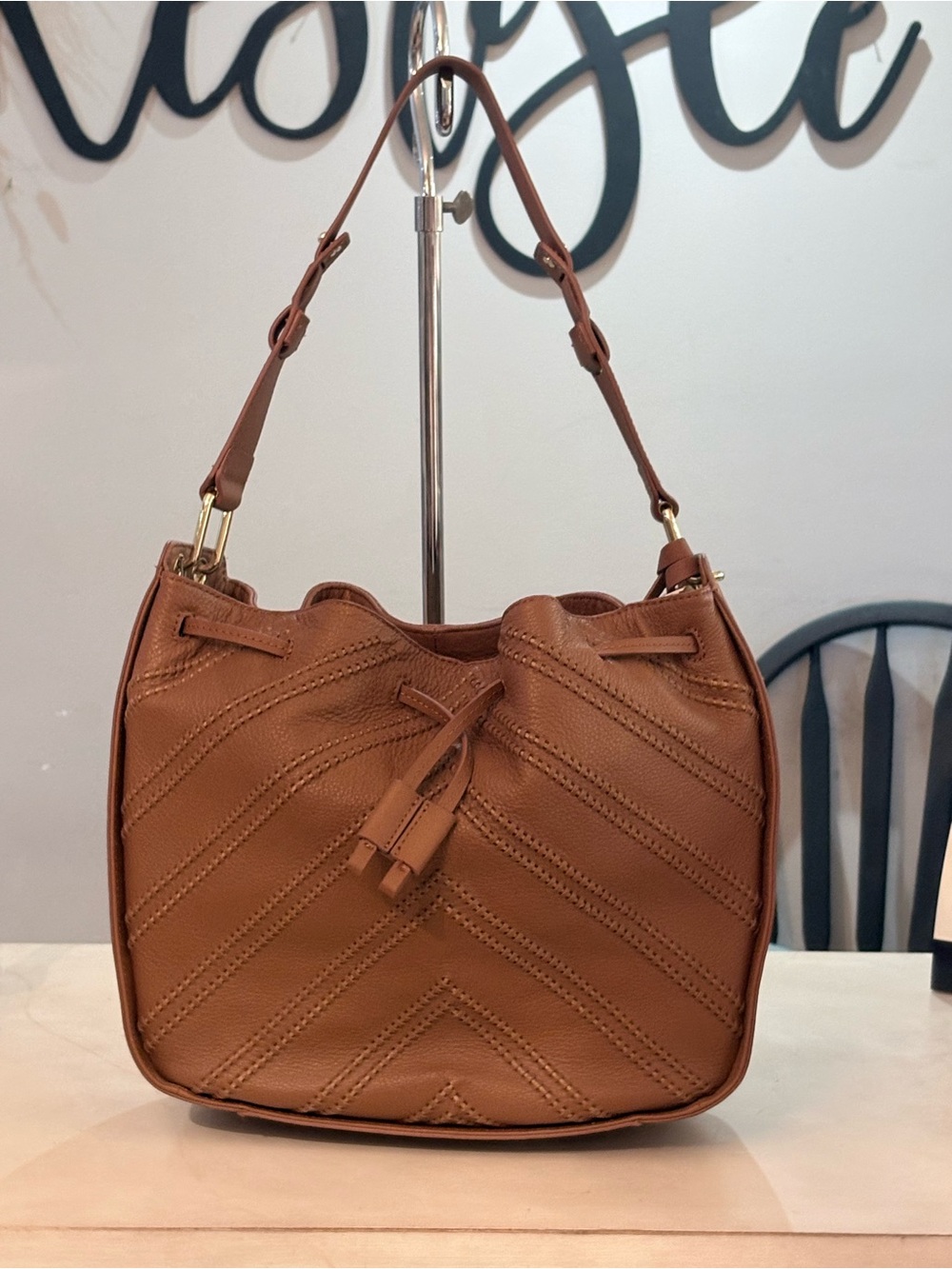 Vince Camuto Cognac Chevron Drawstring Hobo Shoulder Bag
